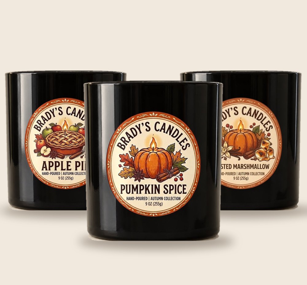 Three Brady's Candles black jars with his labels: Pumpkin Spice, Sweet Nothing and Nightcap